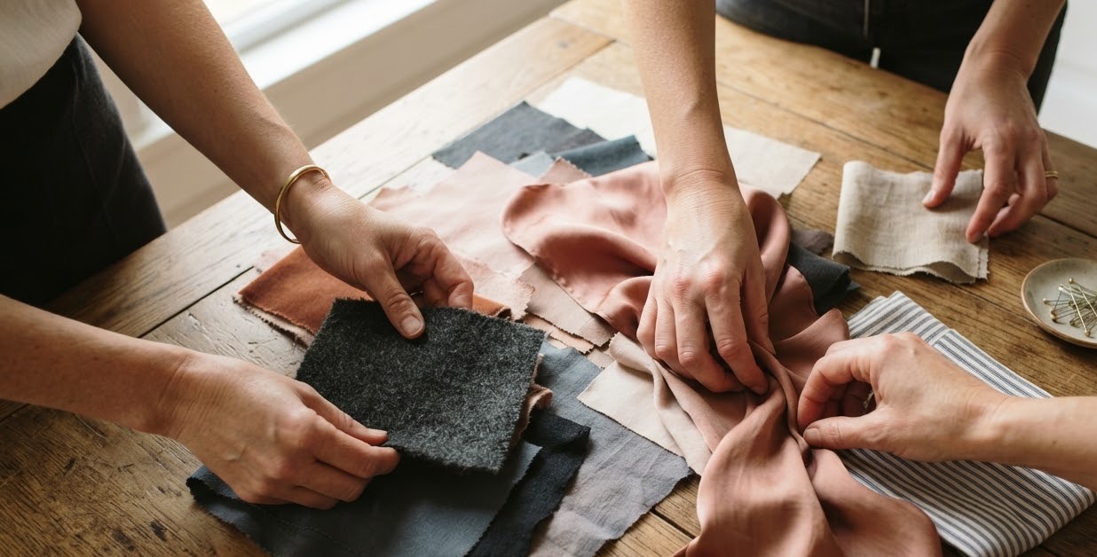 Team collaborating on fabric selection