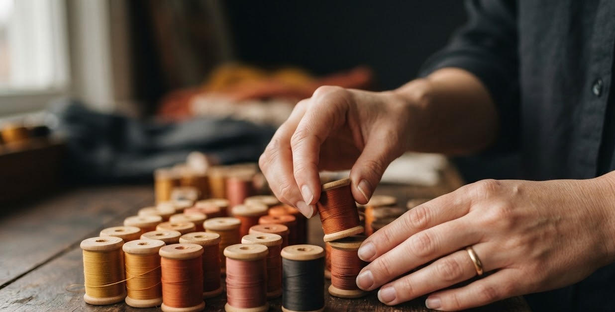 Hands sorting thread by color